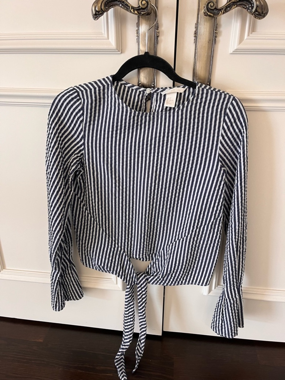 H&M Navy and White Striped Tie-Front Long Sleeve Top